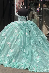 Charmantes trägerloses Ballkleid mit Spitzenapplikationen, grünes A-Linien-Geburtstagskleid für Quinceanera Y8246